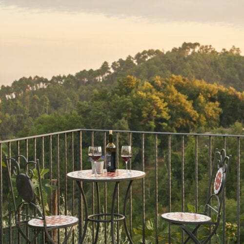 Terraza pequeña con conjunto de hierro y paisaje