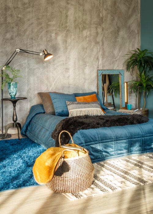 Dormitorio industrial con colores frios y azules