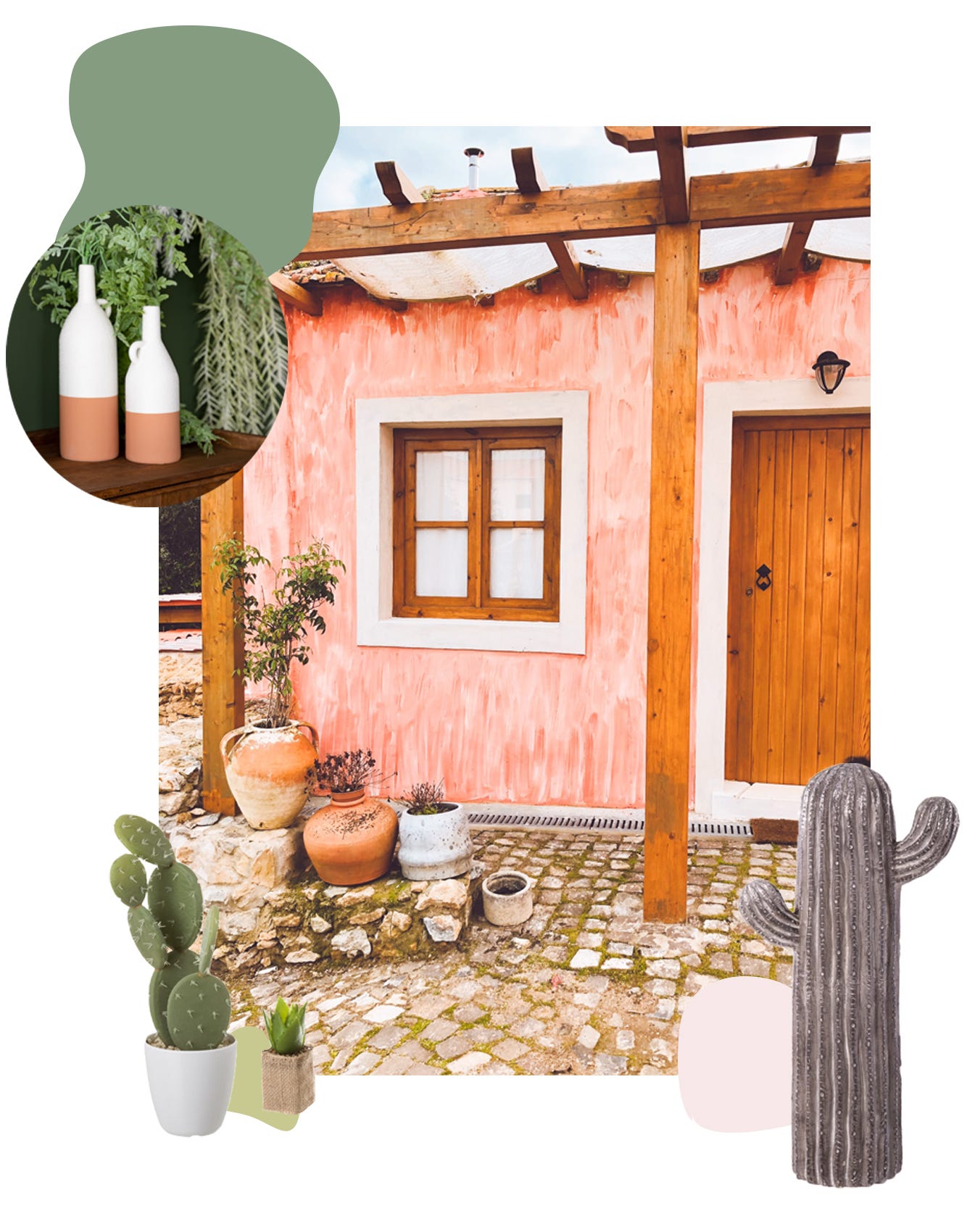 Decoración de porche entrada de casa con plantas y cactus