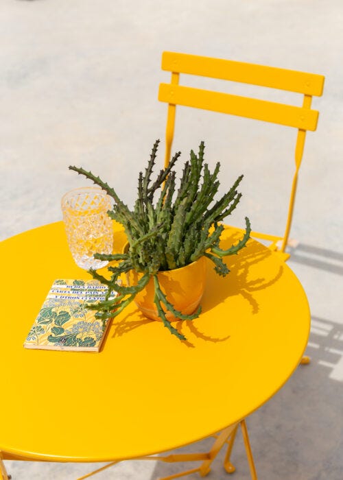 Mesa amarilla con silla y plantas para exterior