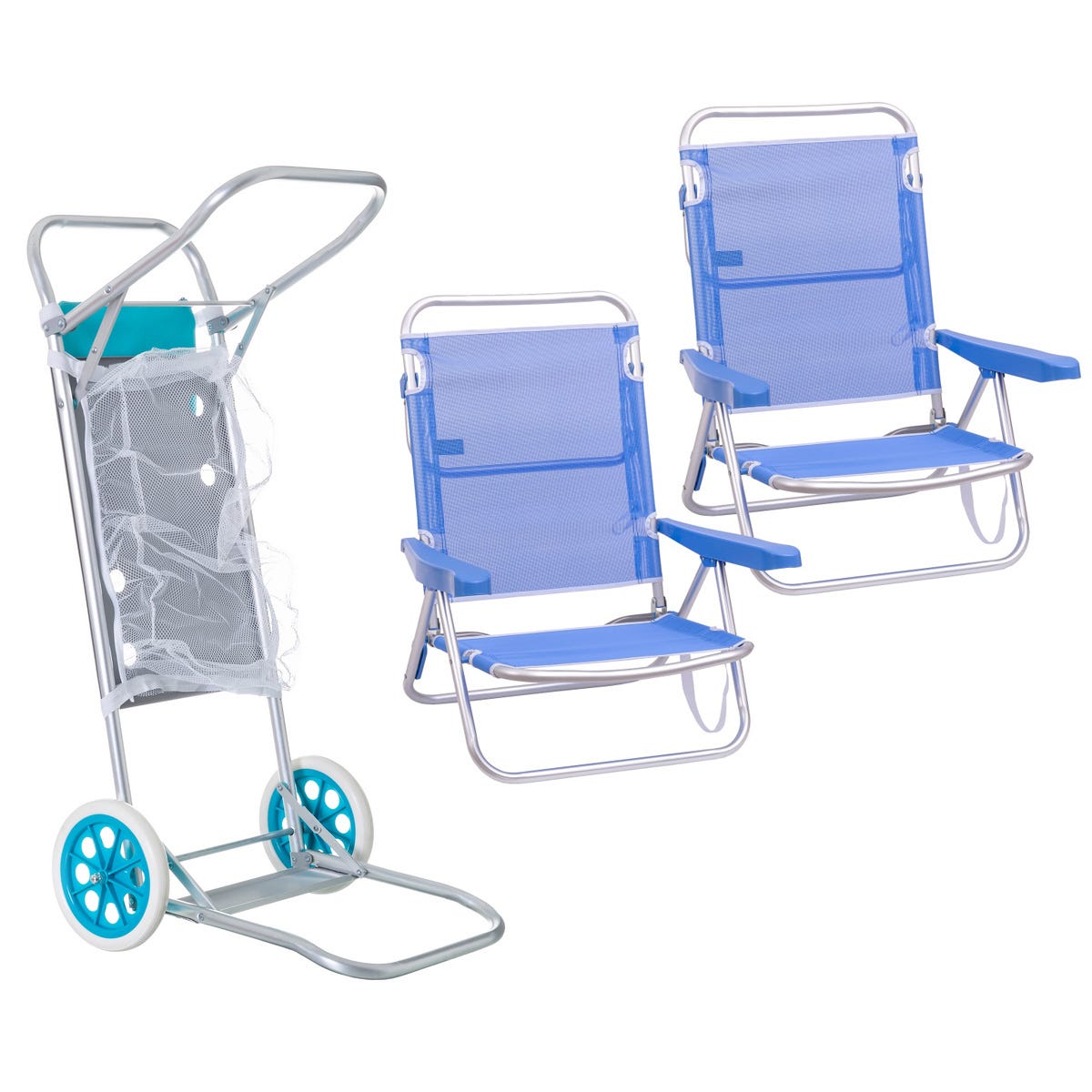 Pack 2 sillas de playa asiento bajo reclinables 4 posiciones azul de aluminio y 140329