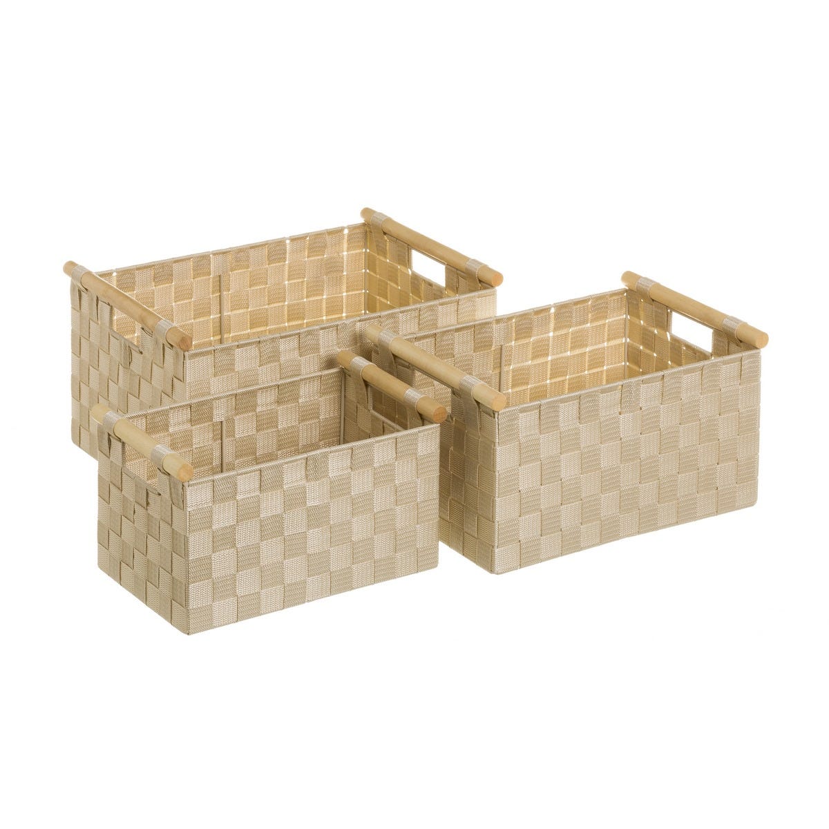 Set de 3 cestas de tela beige con asas