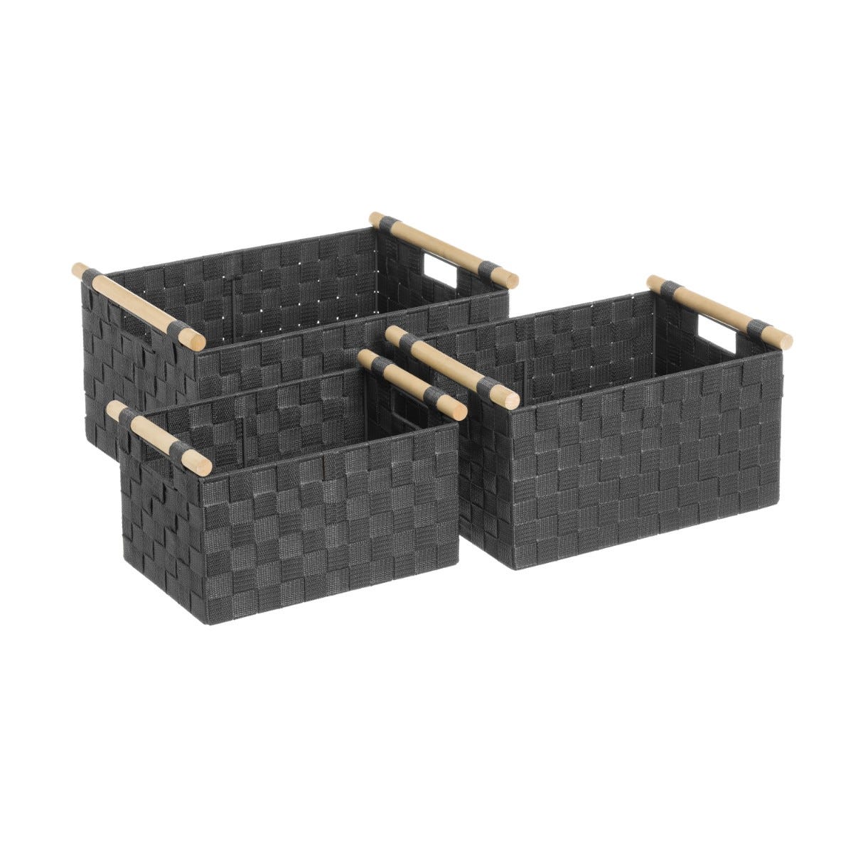 Set de 3 cestas de tela gris con asas