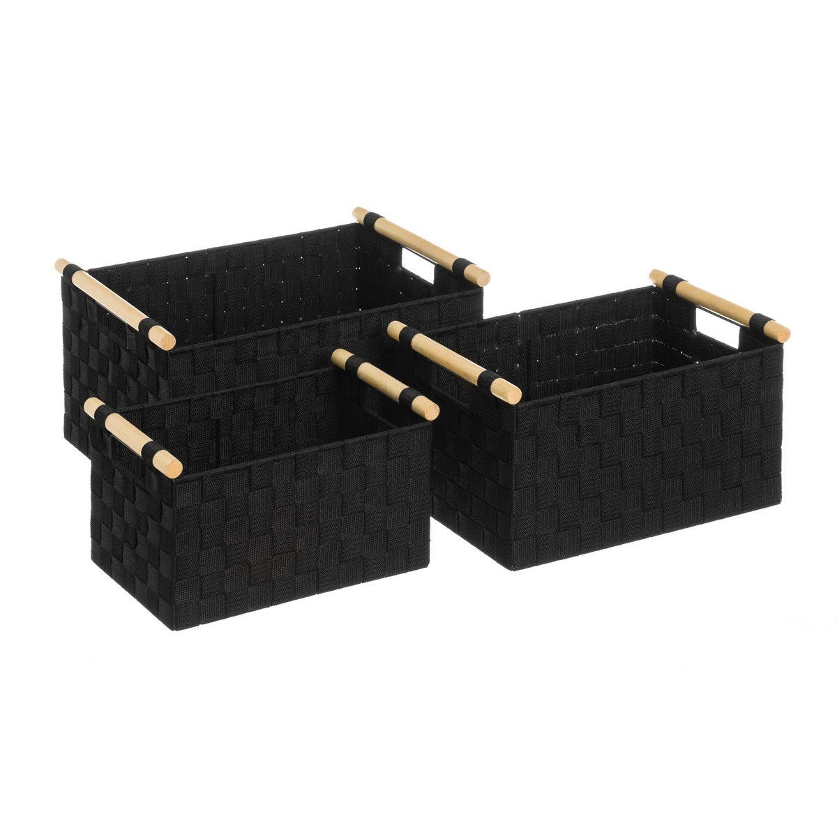 Set de 3 cestas de tela negra con asas