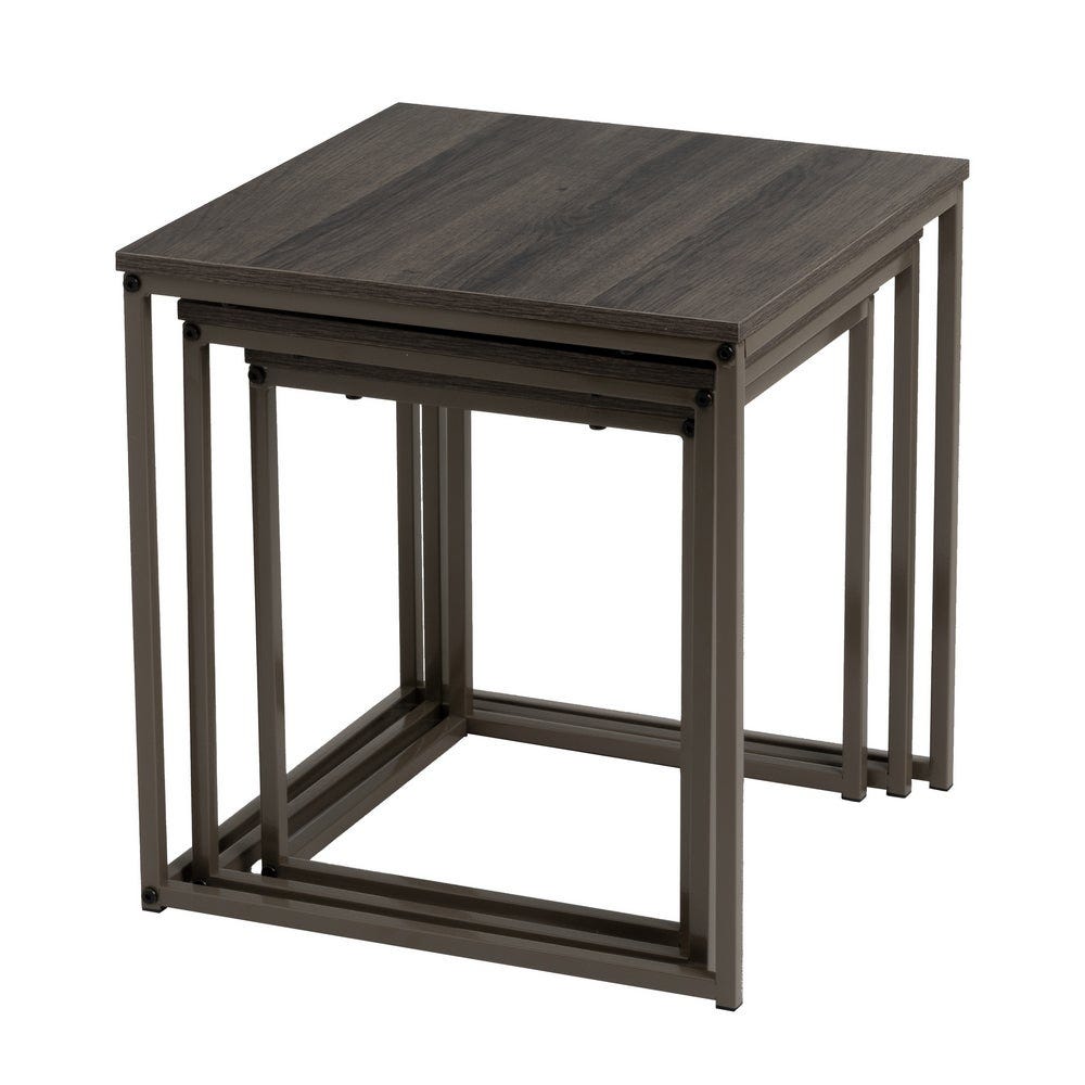 Set de 3 Mesa auxiliares nido cubo de metal y madera grises 804977